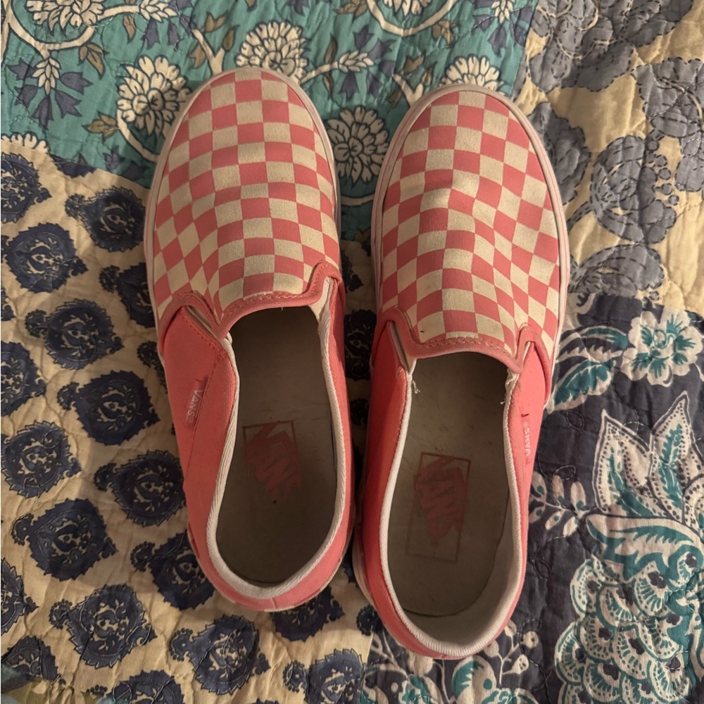 Pink and White Checkered Slip-On Vans Shoes